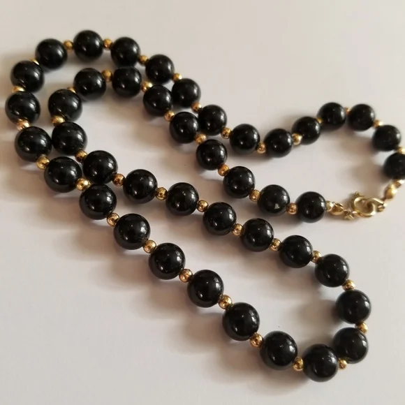 Vintage necklace black beads necklace gold tone retro - Picture 8 of 12